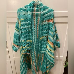 Cottagecore Crochet Pattern Duster Cardigan Womens Teal Blue 3/4 Sleeve